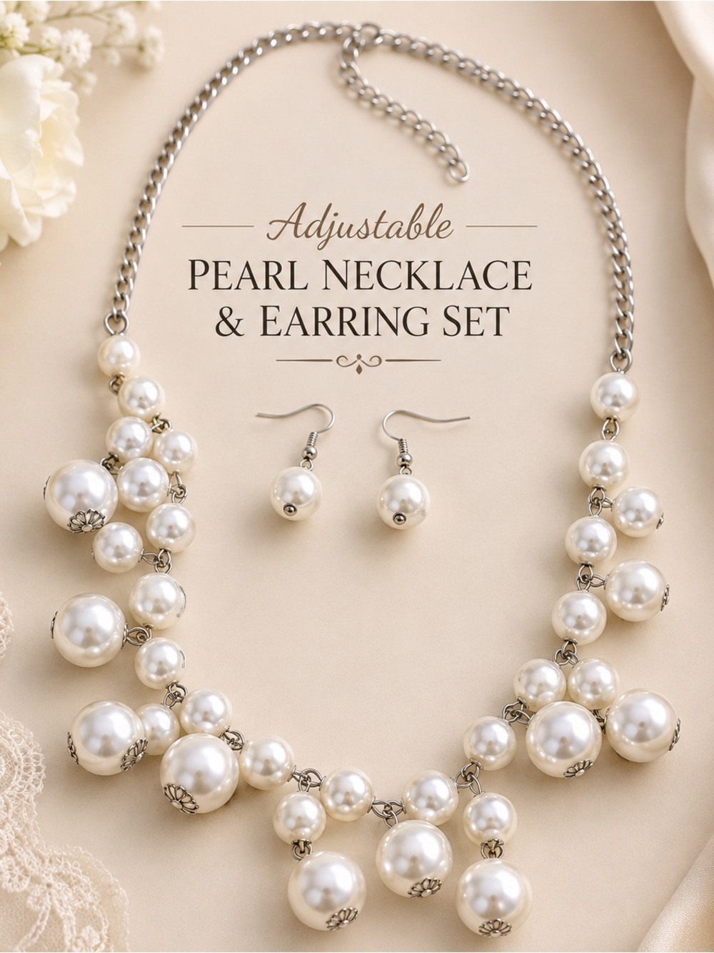 Adjustable White Pearl Necklace & Earring Set